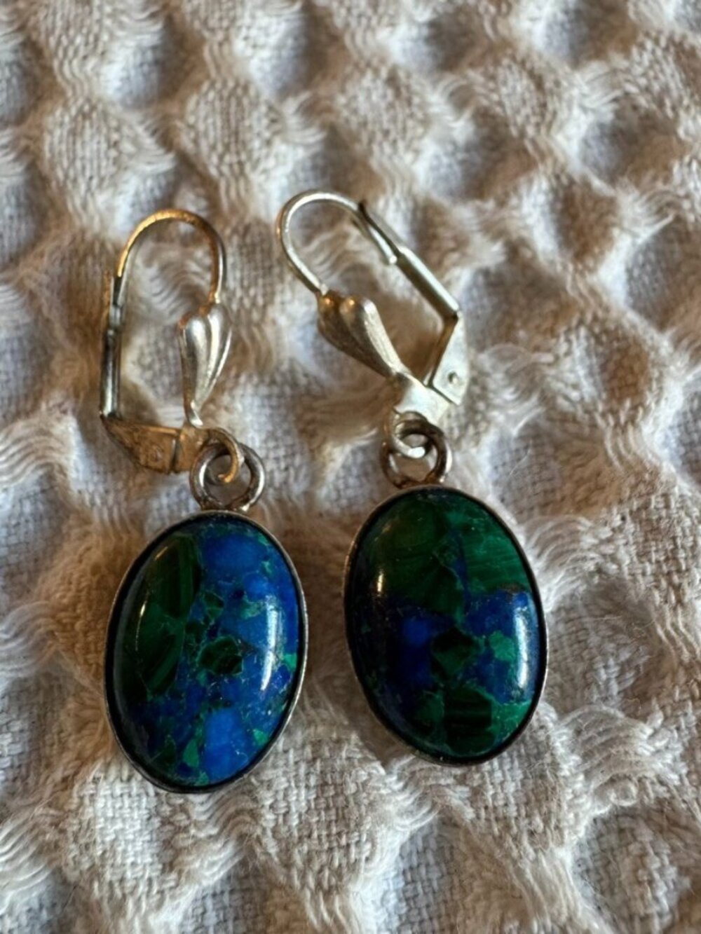 Vintage Natural Green Blue Turquoise Stone Oval Bezel Sterling 925 Earrings